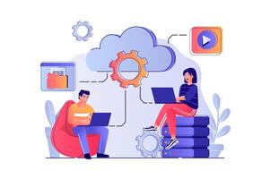 Cloud computing concept with people scene. Man and woman processing information at laptops using cloud technology, data storage and backup. illustration with characters in flat design for web vector