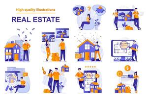 Real estate web concept with people scenes set in flat style. Bundle of home for sale, buying new house, searching rental apartment, mortgage loan, housing. illustration with character design vector