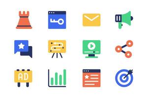 Marketing concept of web icons set in simple flat design. Pack of chess, keyword, email, advertising megaphone, feedback message, content, link, target and other. pictograms for mobile app vector