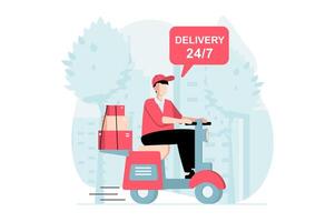 Delivery service concept with people scene in flat design. Man works as courier, riding moped and delivering parcels and boxes to customers. illustration with character situation for web vector