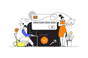 Money transfer web concept in flat outline design with characters. Woman and man customers paying for purchases in online service at website using credit card, people scene. illustration. vector