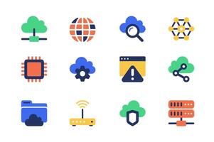 Cloud technology concept of web icons set in simple flat design. Pack of storage, server, search, microchip, settings, link, folder, upload, personal data and other. pictograms for mobile app vector