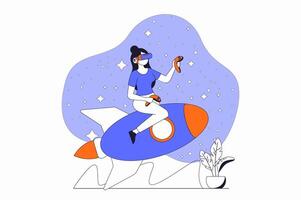 Virtual reality concept with people scene in flat outline design. Woman in VR headset interacts with augmented reality and flies on rocket. illustration with line character situation for web vector