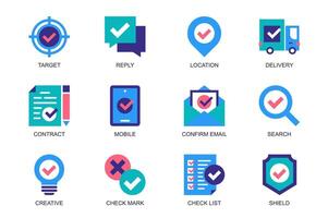 Check marks concept of web icons set in simple flat design. Pack of target, reply, location, delivery, contract, confirm email, search, creative, checklist, shield. pictograms for mobile app vector