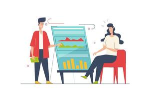 Business meeting concept with people scene in flat cartoon design. Woman and man discussing and analyzing data at presentation, briefing tasks. illustration with character situation for web vector