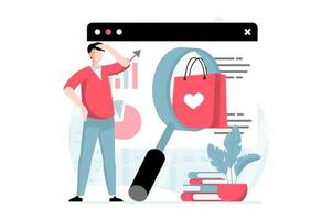 Focus group concept with people scene in flat design. Man explores market and buyer behavior, analyzes data and surveys on charts at presentation. illustration with character situation for web vector