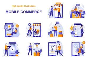 móvil comercio web concepto con personas escenas conjunto en plano estilo. haz de en línea compras en aplicaciones, comprando bienes y regalos, tomando compras en aplicación ilustración con personaje diseño vector