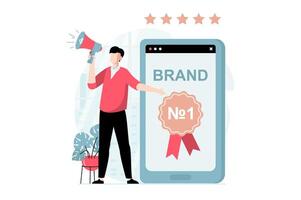 Branding team concept with people scene in flat design. Man with megaphone promoting new brand and makes advertising campaign in mobile apps. illustration with character situation for web vector