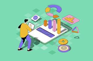 Business statistic web concept in 3d isometric design. Man analyzing data in graphs and charts, making research and accounting using mobile app. web illustration with people isometry scene vector