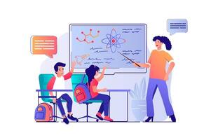 School learning concept with people scene. Boy and girl pupils studying in classroom, teacher explaining lesson and pointing at blackboard. illustration with characters in flat design for web vector