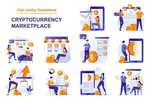 Cryptocurrency marketplace web concept with people scenes set in flat style. Bundle of analysing financial data, buying bitcoins, crypto market operations. illustration with character design vector