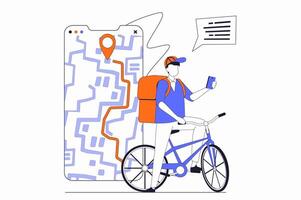 Delivery service concept with people scene in flat outline design. Courier delivers food and rides bike, online order tracking in mobile app. illustration with line character situation for web vector
