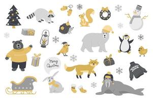 Cute animals in Christmas set with cartoon elements in flat design. Bundle of festive tree, raccoon, hedgehog, wreath, snowflakes, snowman, gift, lantern, other isolated stickers. illustration. vector