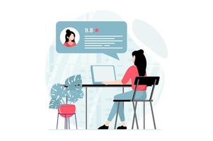 Feedback page concept with people scene in flat design. Woman leaves online comment with rating and describing her user experience using laptop. illustration with character situation for web vector