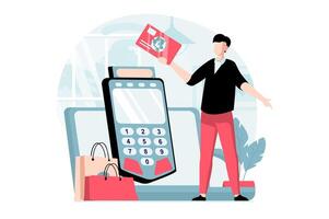 E-payment concept with people scene in flat design. Man pays for purchases with credit card using cash box and makes online financial transfers. illustration with character situation for web vector
