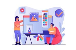 Design studio concept with people scene. Woman and man drawing elements and graphics, designers team create website layout in agency. illustration with characters in flat design for web vector