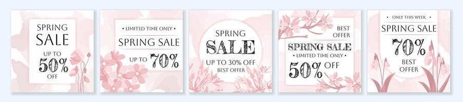 Spring Sale square template set for ads posts in social media. Bundle of pink layouts with seasonal flowers and wildflowers. Suitable for mobile apps, banner design and web ads. illustration. vector