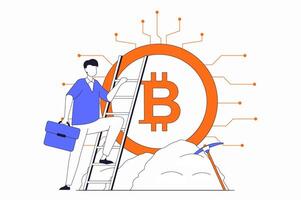 Cryptocurrency mining concept with people scene in flat outline design. Man mines bitcoin on crypto farm to earn money and increase profits. illustration with line character situation for web vector