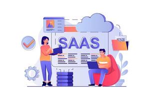 saas concepto con personas escena. mujer y hombre usos software como servicio, en línea suscripción a programas, datos centrar y nube tecnología. ilustración con caracteres en plano diseño para web vector