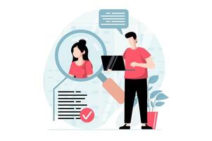 Employee hiring process concept with people scene in flat design. Man working as HR manager, looking resume, chooses best candidate for staff. illustration with character situation for web vector