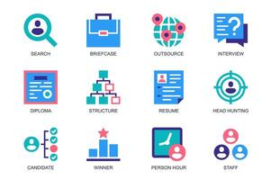 Head hunting concept of web icons set in simple flat design. Pack of search, briefcase, outsource, interview, diploma, structure, resume, headhunting, candidate. pictograms for mobile app vector