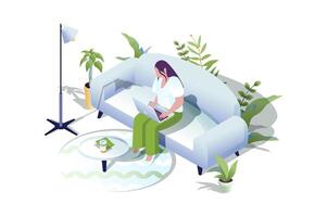 Freelance work web concept in 3d isometric design. People working on laptops online. Woman works as freelancer at living room of her home and doing tasks remotely online. web illustration. vector