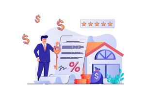 Mortgage concept with people scene. Man realtor sells houses and helps to arrange mortgage loan in bank, closes deals and gives keys. illustration with characters in flat design for web vector