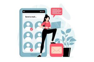 Email service concept with people scene in flat design. Woman sending lot of letters to online contacts with promo mailing using mail client app. illustration with character situation for web vector