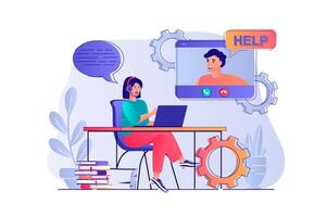 Customer service concept with people scene. Woman working as call center operator or hotline consultant in headset and talking with client. illustration with characters in flat design for web vector
