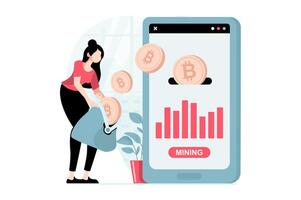 Cryptocurrency mining concept with people scene in flat design. Woman mines bitcoins for sale on marketplaces using digital wallet in mobile app. illustration with character situation for web vector