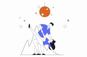Hobby concept with people scene in flat outline design. Man and woman are engaged in dancing and dance as couple on floor in ballroom studio. illustration with line character situation for web vector