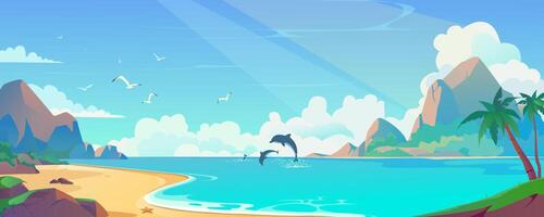 Sea beach background banner in cartoon design. Tropical sand lagoon landscape with palm trees, mountain rocks with day clouds, flying seagulls and jumping dolphins view. cartoon illustration vector