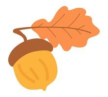 Oak acorn with autumn leaf in flat design. Forest tree nut with brown cap. illustration isolated. vector