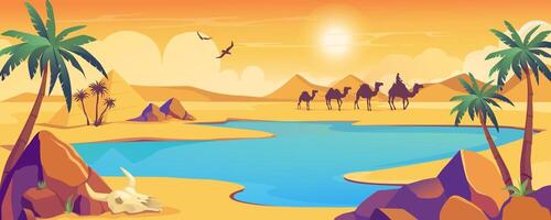 Oasis view in desert background banner in cartoon design. Dark silhouette of camel caravan, dry sand space with dunes and hills, blue water lake with palm trees and stones. cartoon illustration vector