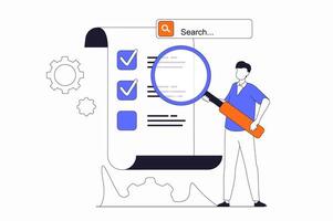 Seo optimization concept with people scene in flat outline design. Man with magnifier researching traffic data and works with checklist. illustration with line character situation for web vector