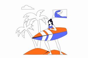 viaje vacaciones concepto con personas escena en plano contorno diseño. mujer lleva tablero y es yendo a navegar en olas de tropical isla complejo. ilustración con línea personaje situación para web vector