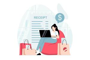 Electronic receipt concept with people scene in flat design. Woman making purchases in online shop, receives digital invoice and pays using laptop. illustration with character situation for web vector