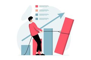 Data analysis concept with people scene in flat design. Man studying data and creates financial report with bar chart showing growth of profits. illustration with character situation for web vector