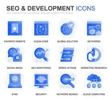 Modern Set Seo and Development Gradient Flat Icons for Website and Mobile Apps. Contains such Icons as Clean Code, Data Protection, Monitoring. Conceptual color flat icon. pictogram pack. vector