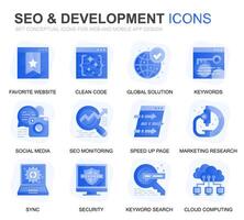 Modern Set Seo and Development Gradient Flat Icons for Website and Mobile Apps. Contains such Icons as Clean Code, Data Protection, Monitoring. Conceptual color flat icon. pictogram pack. vector