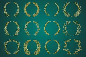 Gold ornamental branch wreathes set in hand drawn design. Laurel leaves wreath and decorative branch bundle. Different types of herbs, twigs with flowers and plants elements. decoration. vector