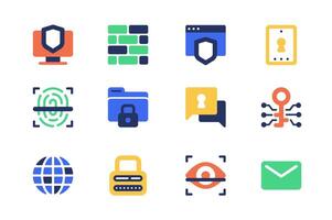 Cyber security concept of web icons set in simple flat design. Pack of shield, access, secure, fingerprint scan, password, folder, email, data protection and other. pictograms for mobile app vector