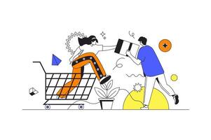 comercio y compras web concepto en plano contorno diseño con caracteres. hombre y mujer hace compras, mirando descuentos y genial ofertas en supermercado. e-business personas escena. ilustración. vector