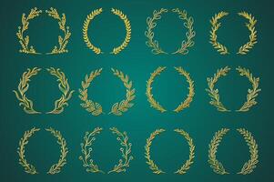 Gold ornamental branch wreathes set in hand drawn design. Laurel leaves wreath and decorative branch bundle. Different types of herbs, twigs, and plants curl vignetting elements. decoration. vector