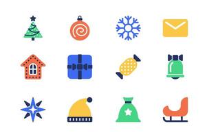 Christmas concept of web icons set in simple flat design. Pack of festive tree, ball, snowflake, letter, gingerbread cookie, gift, candy, bell, star, hat and other. pictograms for mobile app vector