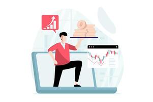 Cryptocurrency mining concept with people scene in flat design. Man miner mines bitcoin coins using laptop and analyzes exchange data for selling. illustration with character situation for web vector