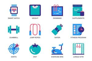 Fitness concept of web icons set in simple flat design. Pack of smart watch, weight, swimming, supplements, dumbbell, jump rope, water, darts, gym tools and other. pictograms for mobile app vector