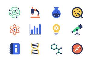 Science concept of web icons set in simple flat design. Pack of research laboratory, microscope, test tube, virus, discovery, data analysis, idea generate and other. pictograms for mobile app vector