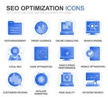 Modern Set Seo and Web Optimization Gradient Flat Icons for Website and Mobile Apps. Contains such Icons as Target, Marketing, Traffic Growth. Conceptual color flat icon. pictogram pack. vector