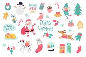 Merry Christmas set with cartoon elements in flat design. Bundle of wreath, snowman, gift, bell, elf, gingerbread, lantern, Santa Claus, mittens and other decor isolated stickers. illustration. vector